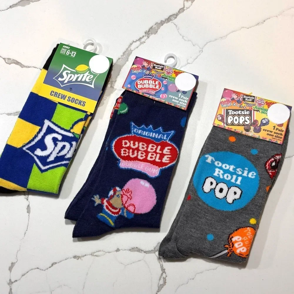 1-Pair Novelty Crew Socks Colorful Design - Sprite Double Bubble OR Tootsie Pops